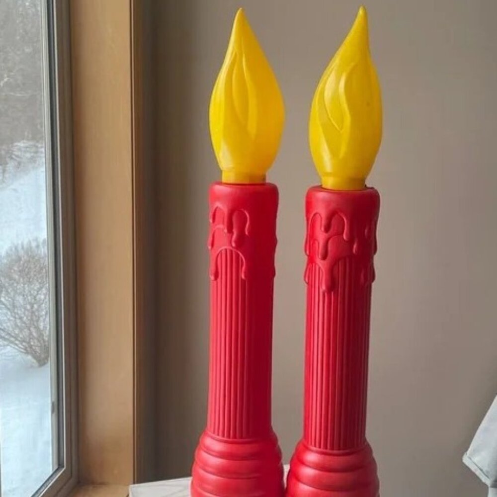 2 Vintage Lighted Blow Mold Holiday Candles, 39"